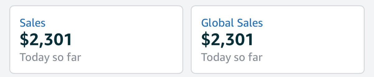 Amazon Seller app showing $2,301 in sales today so far